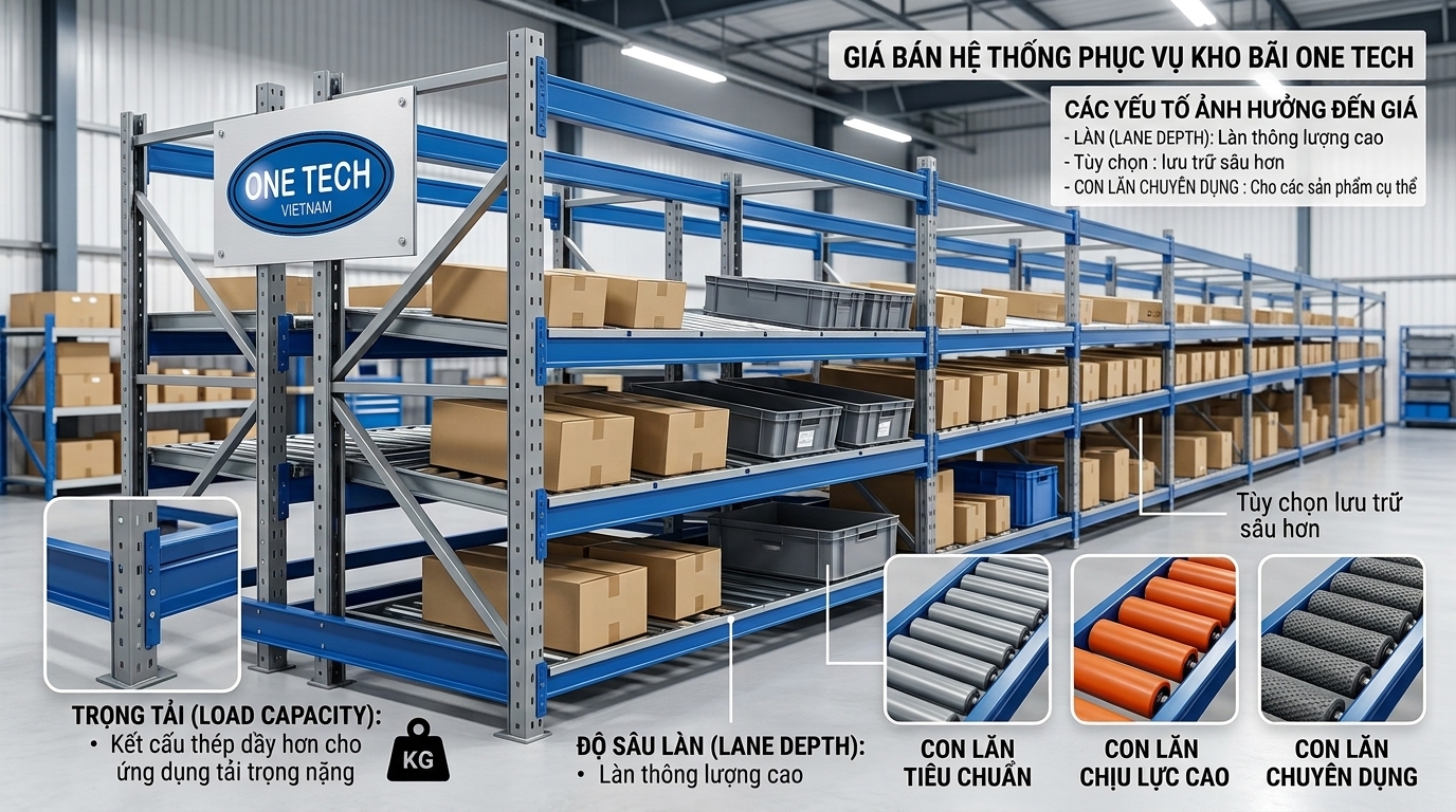 Báo giá kệ flowrack Thanh Hóa phụ thuộc tải trọng chiều sâu làn và loại con lăn