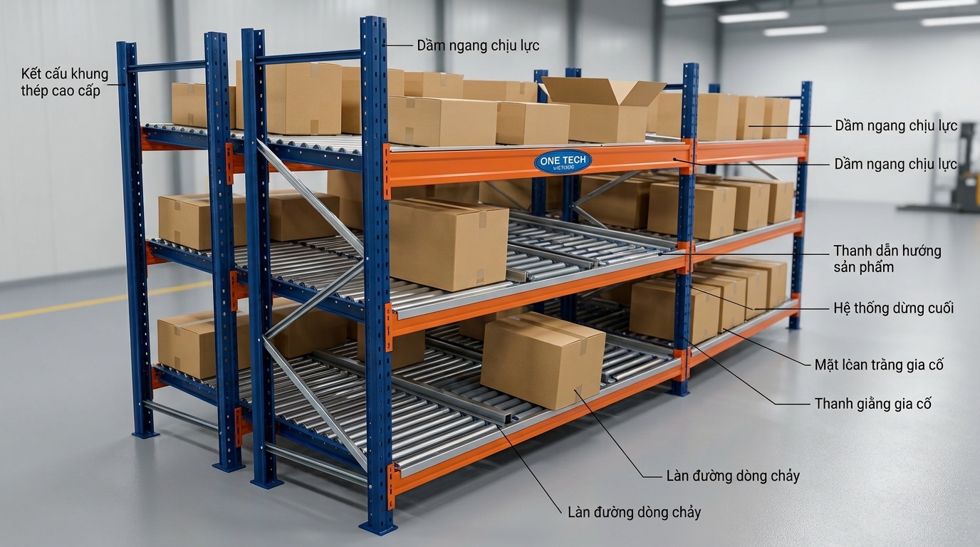 Cấu tạo kệ con lăn flowrack gồm khung thép beam ray con lăn thanh dẫn hướng và chặn cuối