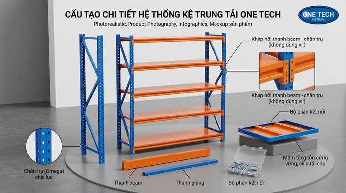 Cấu tạo kệ trung tải Thanh Hóa gồm chân trụ beam mâm tầng và giằng