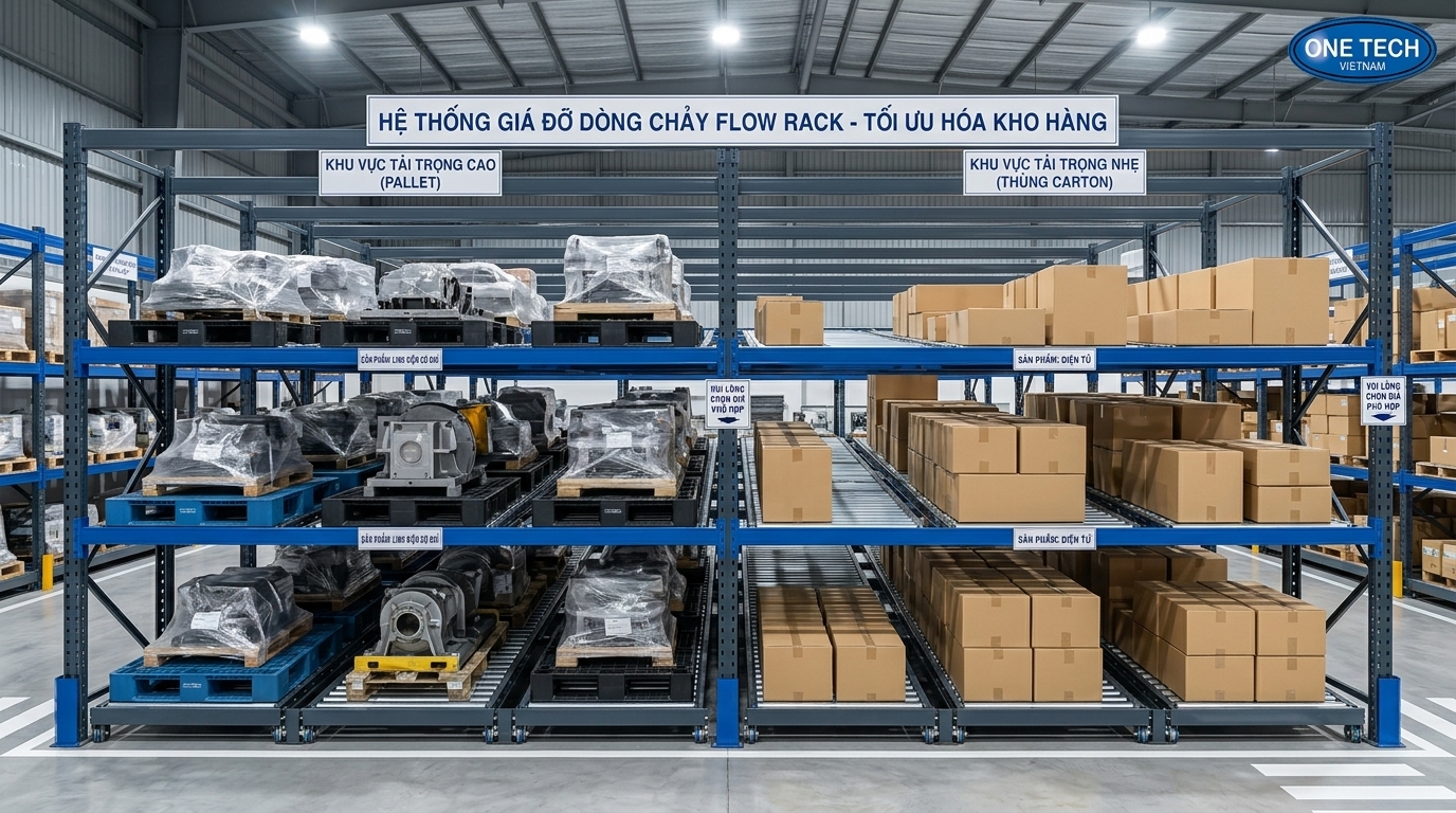 Cách chọn tải trọng kệ Flow racks Thanh Hóa theo pallet thùng carton và chiều sâu làn