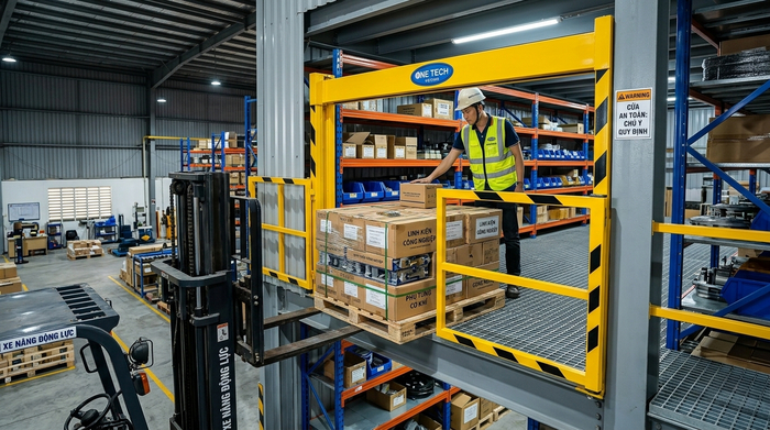 Cổng pallet cho kệ sàn mezzanine Cổng pallet hỗ trợ đưa hàng lên sàn mezzanine