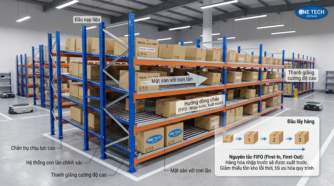 Nguyên lý hoạt động của kệ Flow racks Thanh Hóa theo hướng nhập trước xuất trước