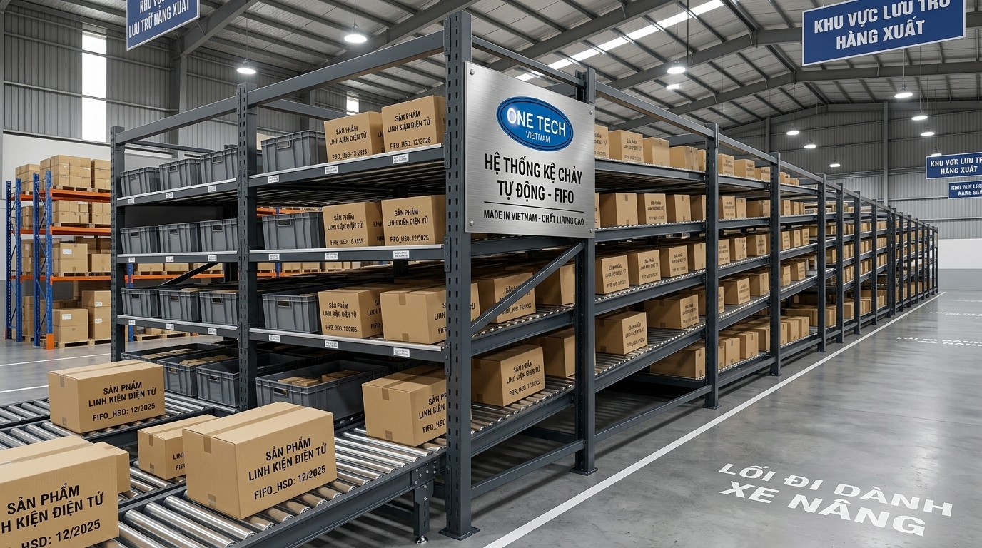 Kệ flowrack cho kho trung chuyển tại Thanh Hóa giúp hàng tự trôi về đầu xuất