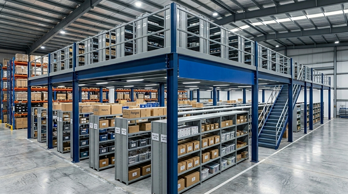 Kệ mezzanine kết hợp kệ V lỗ Kệ sàn mezzanine kết hợp kệ V lỗ