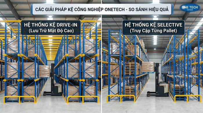 So sánh kệ drive in và kệ selective So sánh kệ drive in và kệ selective trong kho pallet