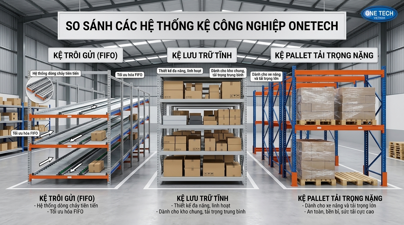 So sánh kệ Flow racks Thanh Hóa với kệ tĩnh và kệ pallet trong kho hàng