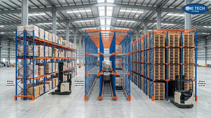 So sánh kệ Radio Shuttle với kệ Selective và Drive In trong kho pallet