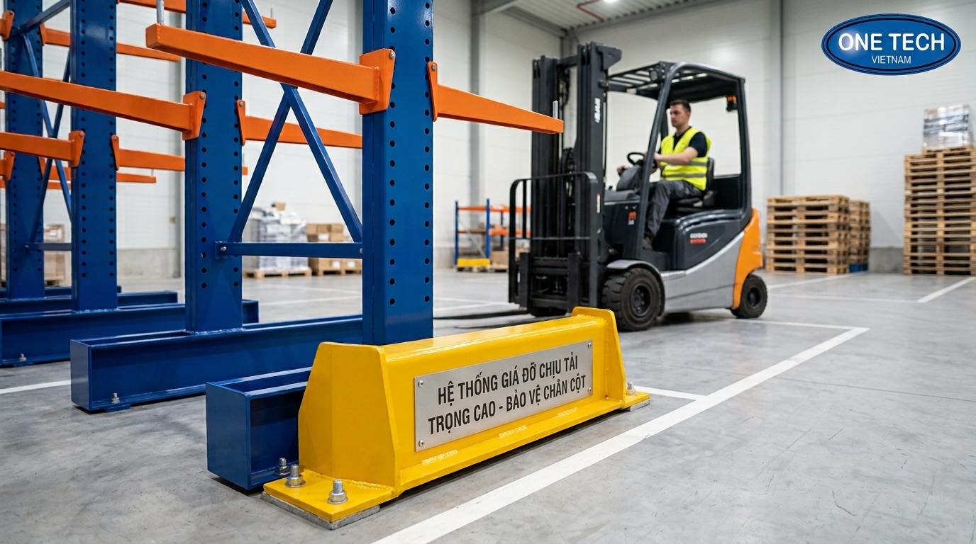 Bảo vệ chân kệ tay đỡ Bảo vệ chân kệ tay đỡ giúp hạn chế va chạm khi xe nâng di chuyển