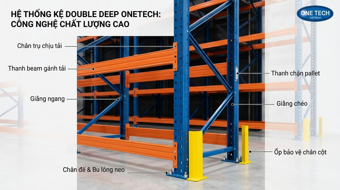 Cấu tạo kệ Double Deep gồm chân trụ beam giằng và phụ kiện bảo vệ
