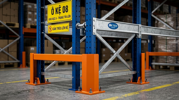 Cấu tạo kệ Narrow Aisle cho kho Thanh Hóa Cấu tạo Kệ Narrow Aisle Thanh Hóa gồm chân trụ thanh beam giằng và bảo vệ chân kệ