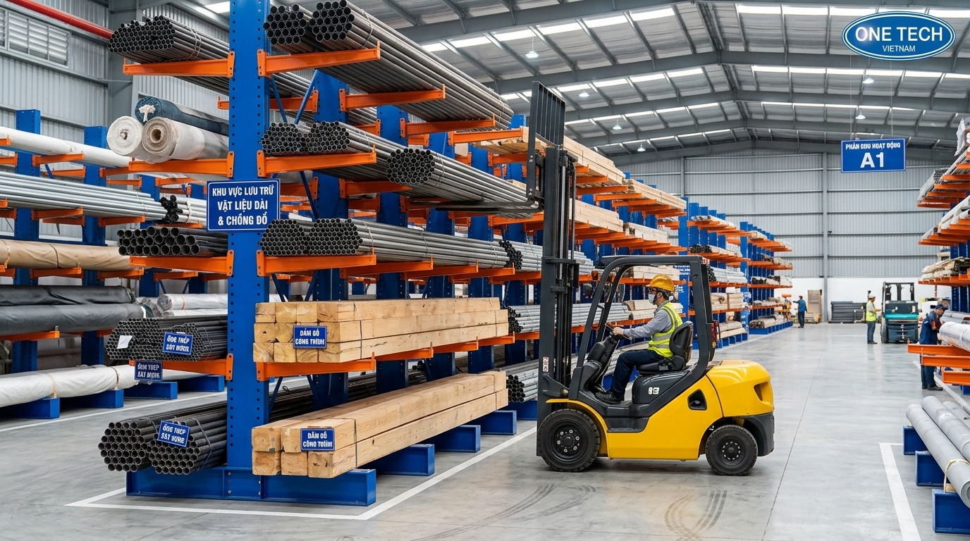 Kệ cantilever cho kho sản xuất Kệ cantilever cho kho sản xuất giúp xe nâng thao tác thuận tiện