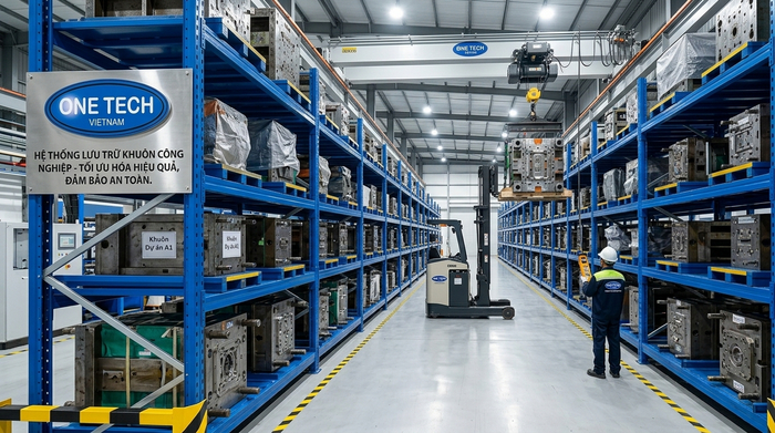 Kệ khuôn kết hợp xe nâng pa lăng Kệ khuôn kết hợp xe nâng và pa lăng trong nhà máy