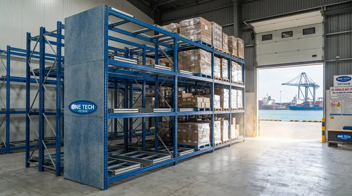 Kệ Push Back chống ẩm môi trường biển Nghi Sơn Kệ Push Back chống ẩm cho kho gần biển tại Nghi Sơn Thanh Hóa