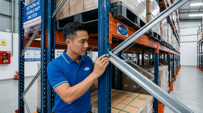 Kiểm tra chất lượng sơn và liên kết kệ Double Deep trước nghiệm thu