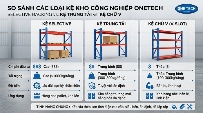 Hình ảnh so sánh các loại kệ kho hàng công nghiệp phổ biến Hình ảnh so sánh các loại kệ kho hàng công nghiệp phổ biến