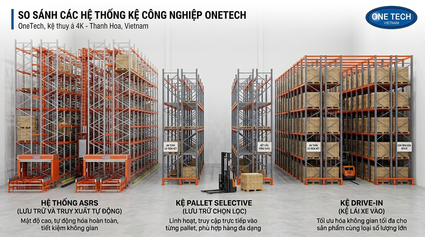 So sánh ASRS Selective Drive In So sánh kệ ASRS với kệ Selective và Drive In cho kho hàng Thanh Hóa