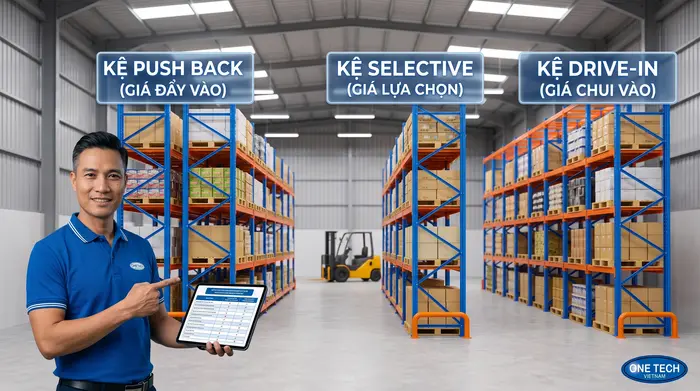 So sánh kệ Push Back Selective Drive In So sánh kệ Push Back với kệ Selective và Drive In