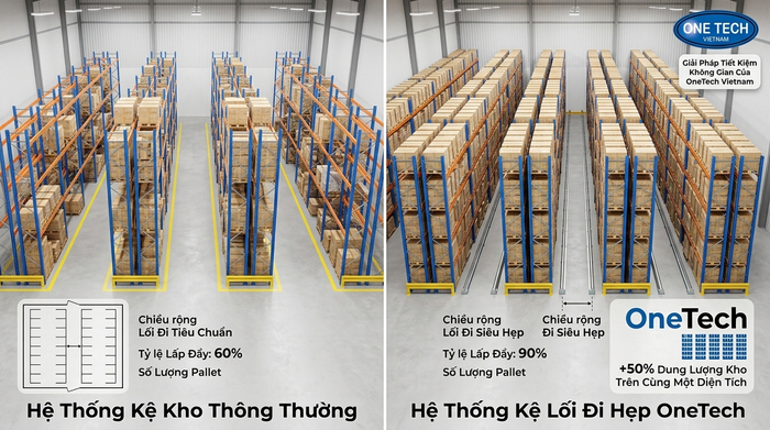 Mật độ lưu trữ kệ Narrow Aisle cao hơn kệ thường So sánh mật độ lưu trữ giữa kệ Narrow Aisle và kệ kho thông thường