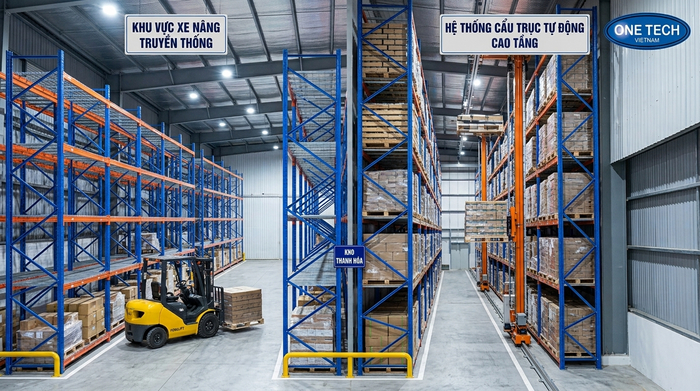 So sánh Stacker-Crane Thanh Hóa và xe nâng truyền thống So sánh xe nâng truyền thống và Stacker-Crane trong kho Thanh Hóa