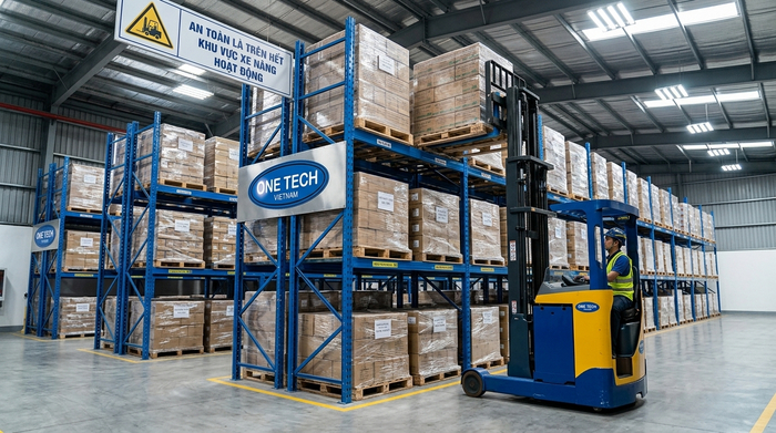 Xe nâng chuyên dụng cho kệ kho thông minh Xe nâng chuyên dụng vận hành cùng kệ kho thông minh trong nhà kho
