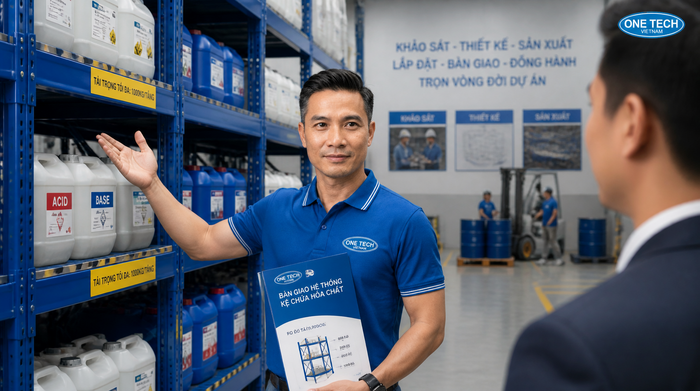 Bàn giao hệ thống kệ kho hóa chất sau lắp đặt Bàn giao hệ thống kệ kho hóa chất sau lắp đặt