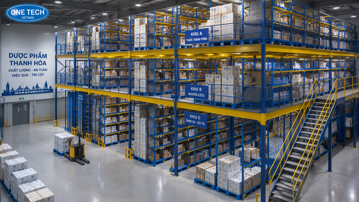 Kệ sàn Mezzanine cho kho dược phẩm nhiều tầng Kệ sàn Mezzanine tăng diện tích kho dược phẩm tại Thanh Hóa