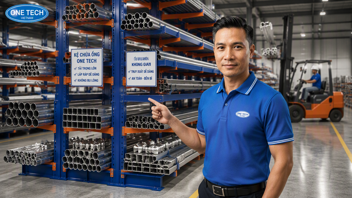 Kệ tay đỡ thép ống công nghiệp cho xe nâng Kệ tay đỡ thép ống công nghiệp kết hợp xe nâng trong kho