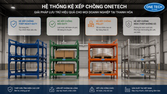 Bảng so sánh kệ xếp chồng thép trung tải pallet và inox cho kho Thanh Hóa
