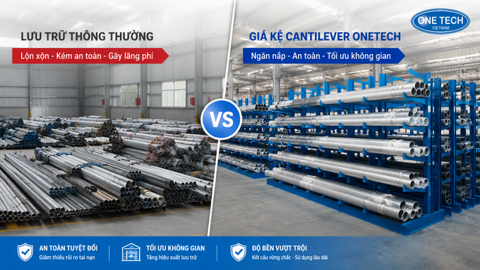 So sánh phương án lưu trữ ống thép trong kho So sánh lưu trữ ống thép dưới nền và trên kệ tay đỡ