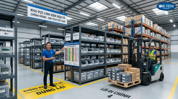 Xe nâng vận hành cùng kệ kho linh kiện điện tử trong nhà xưởng