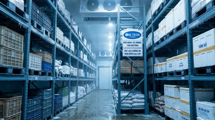 Kệ kho thủy hải sản Thanh Hóa trong kho lạnh bảo quản thùng hàng đông lạnh