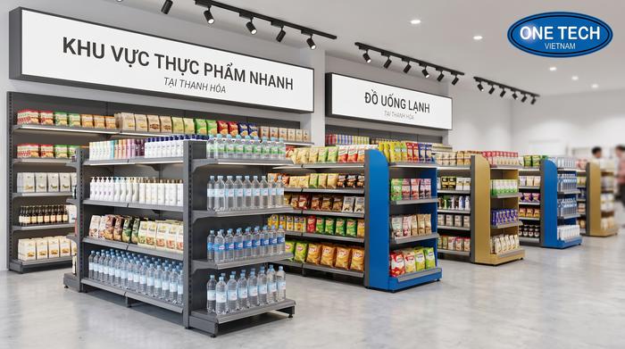 Kệ siêu thị và kệ quảng cáo sơn màu cho cửa hàng FMCG tại Thanh Hóa