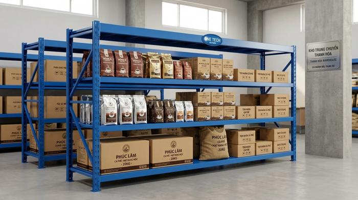 Kệ trung tải chứa cà phê đóng gói Kệ trung tải chứa cà phê đóng gói và bao bì trong kho nhỏ tại Thanh Hóa