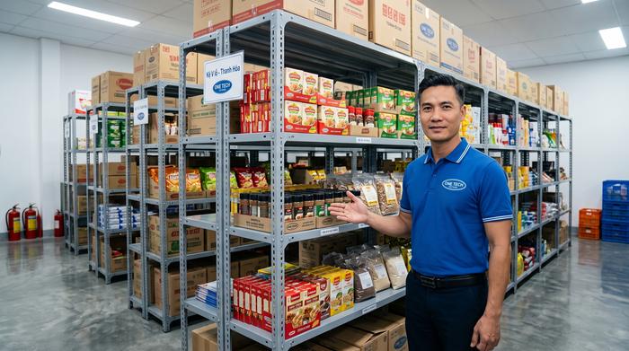 Kệ V lỗ lưu trữ hàng nhẹ trong kho siêu thị Kệ V lỗ cho kho siêu thị mini tại Thanh Hóa